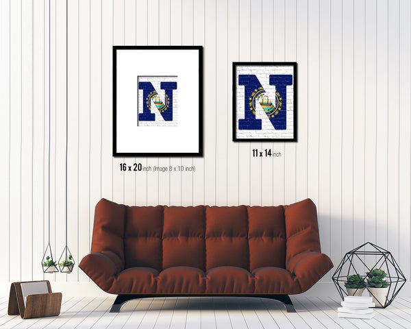 New Hampshire State Initial Flag Wood Framed Paper Print Decor Wall Art Gifts, Brick