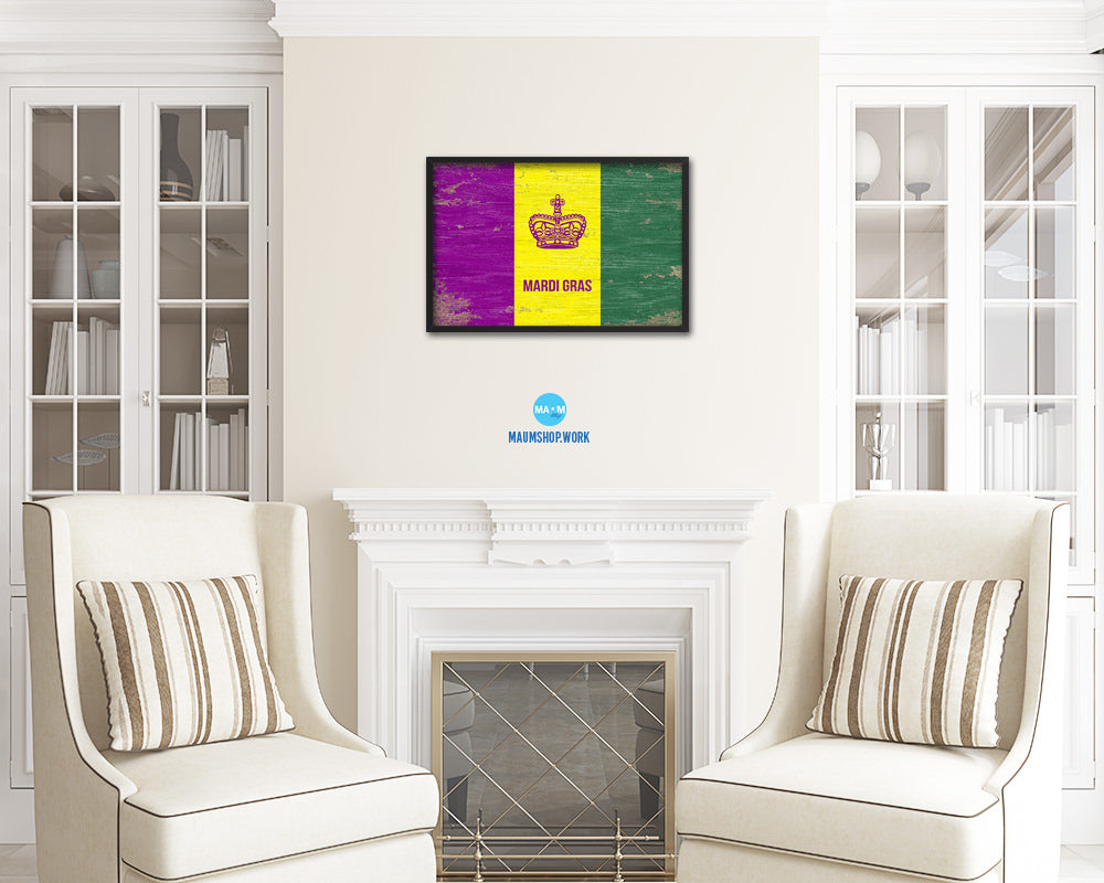 New Orleans Mardis Gras Shabby Chic Flag Framed Prints Decor Wall Art Gifts