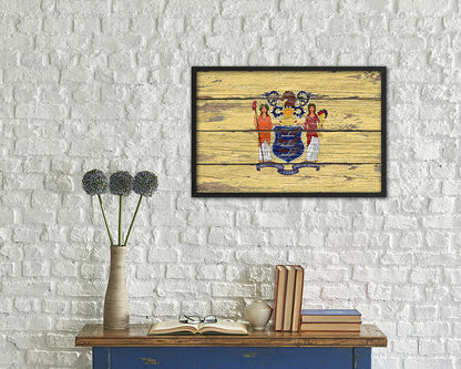 New Jersey State Rustic Flag Wood Framed Paper Prints Wall Art Decor Gifts