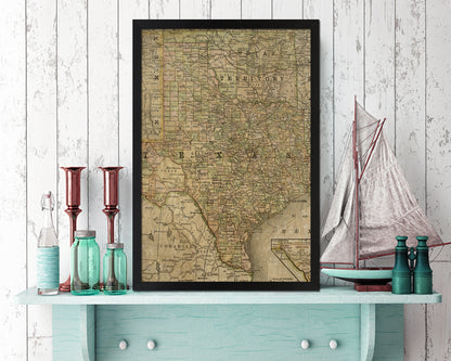 Texas with Oklahoma as Indian Territory Historical Map Wood Framed Print Art Wall Decor Gifts