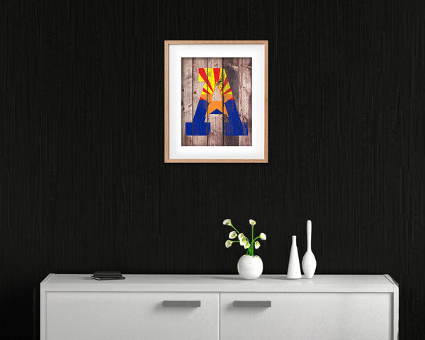 Arizona State Initial Flag Wood Framed Paper Print Decor Wall Art Gifts, Wood