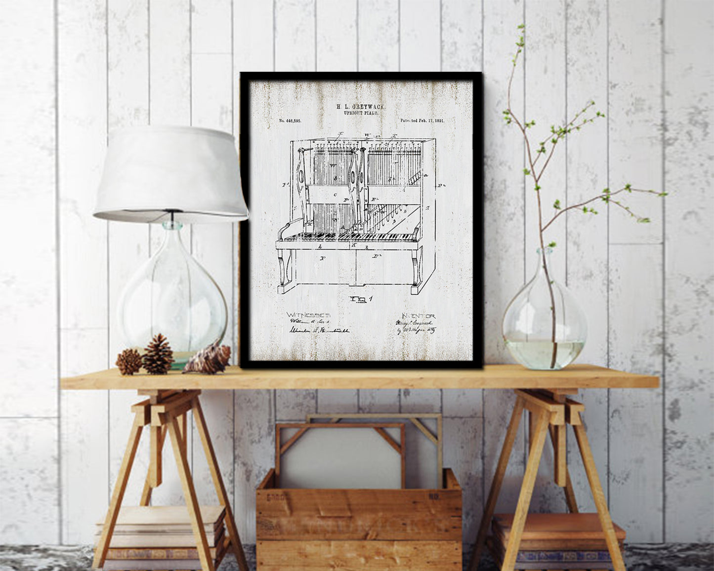 Upright Piano Music Vintage Patent Artwork Black Frame Print Gifts