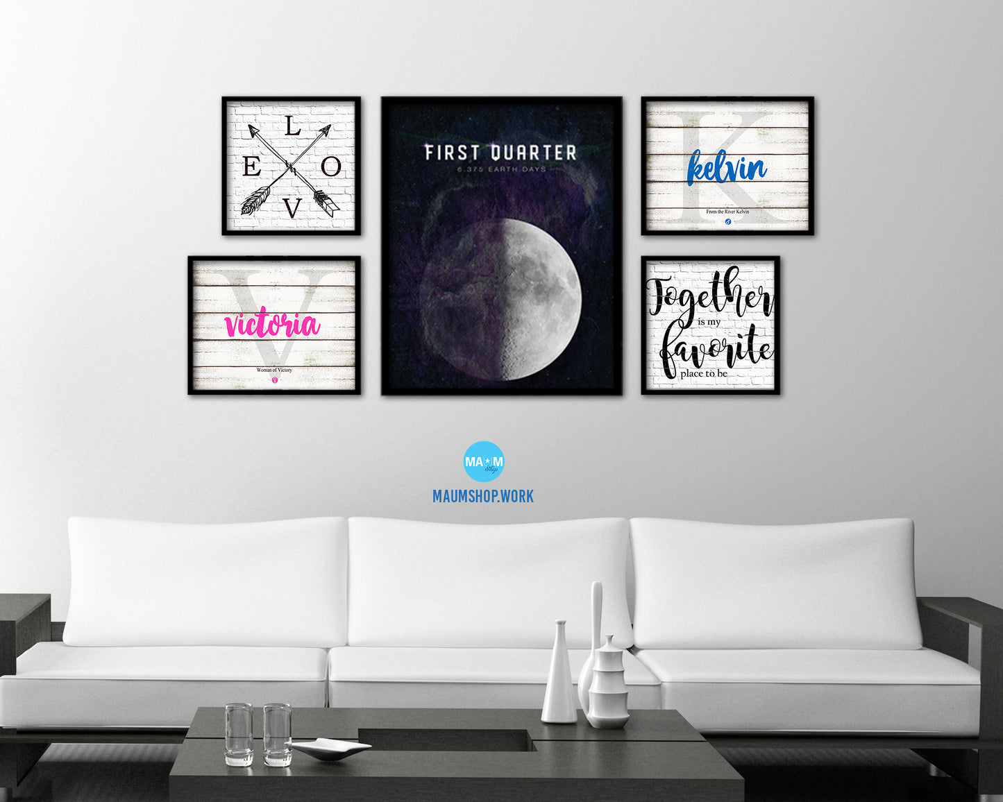 Waxing First Quarter Lunar Phases Length of Year Moon Watercolor Nursery Framed Prints Wall Art Gift