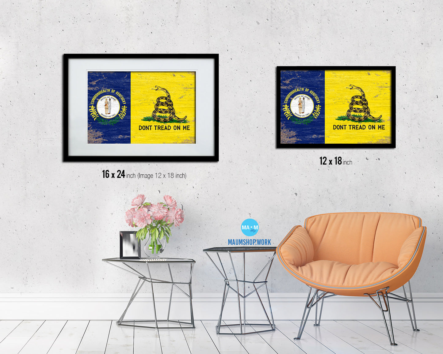 Gadsden Don't Tread On Me Tea Party Kentucky State Shabby Chic Military Flag Framed Print Art