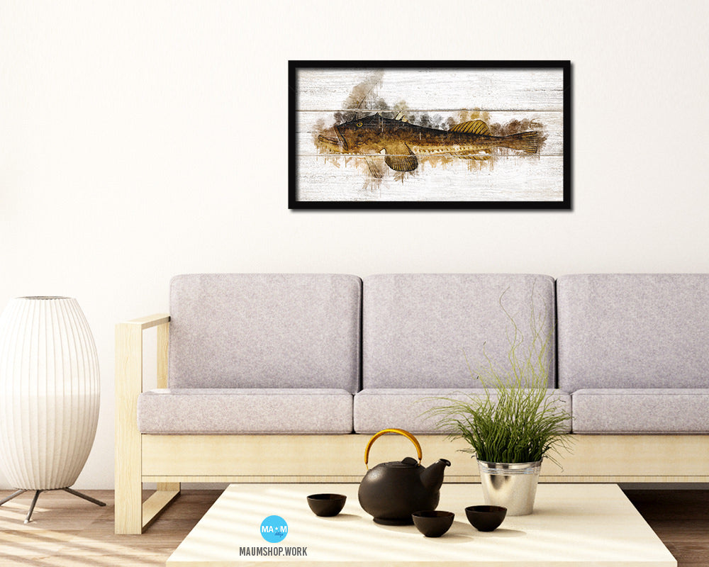 Monkfish Fish Art Wood Framed White Wash Restaurant Sushi Wall Decor Gifts, 10" x 20"