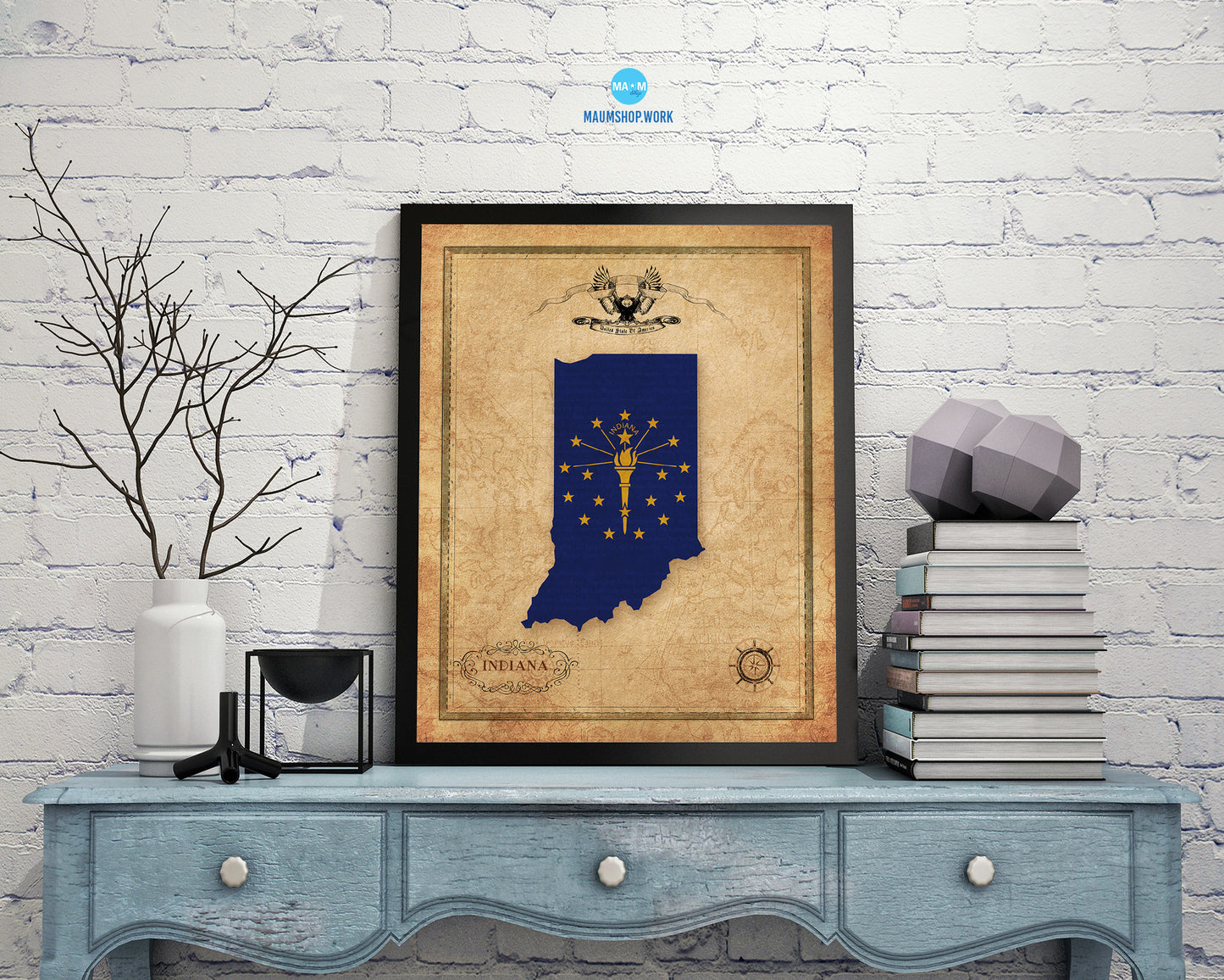 Indiana State Vintage Map Wood Framed Paper Print  Wall Art Decor Gifts