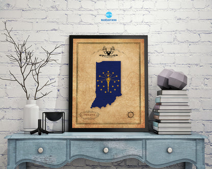 Indiana State Vintage Map Wood Framed Paper Print  Wall Art Decor Gifts