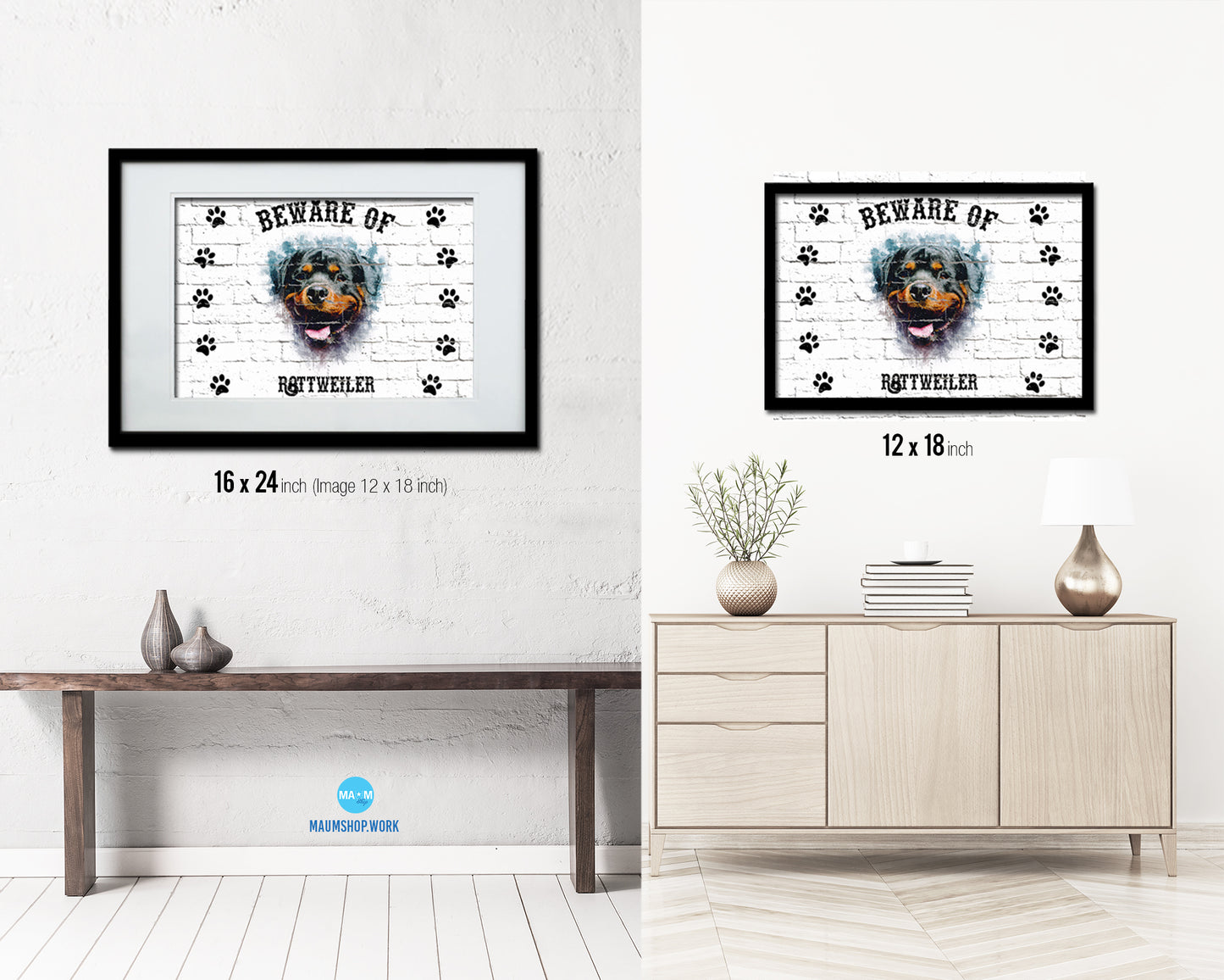 Beware of Pug Sign Wood Framed Print Wall Art Decor Gifts