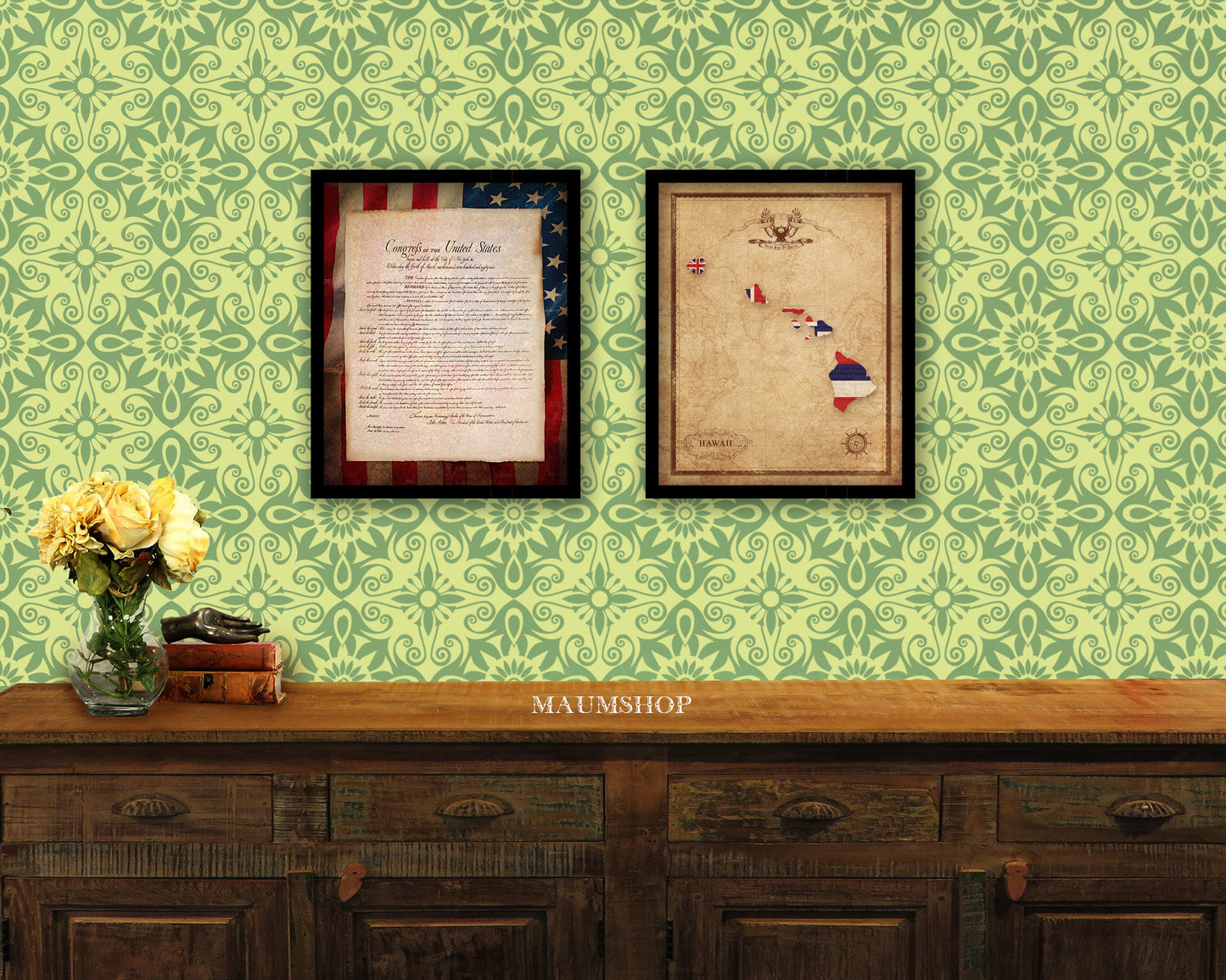 Hawaii State Vintage Map Wood Framed Paper Print  Wall Art Decor Gifts