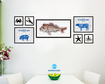 Snapper Fish Art Wood Frame Modern Restaurant Sushi Wall Decor Gifts, 10" x 20"