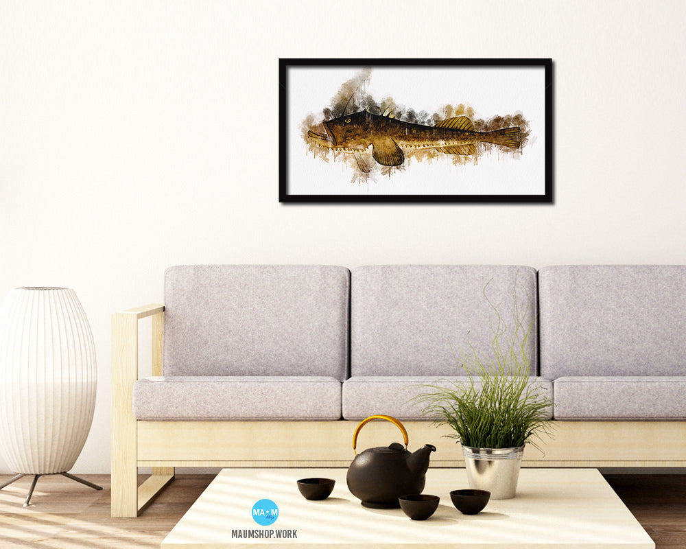 Monkfish Fish Art Wood Frame Modern Restaurant Sushi Wall Decor Gifts, 10" x 20"