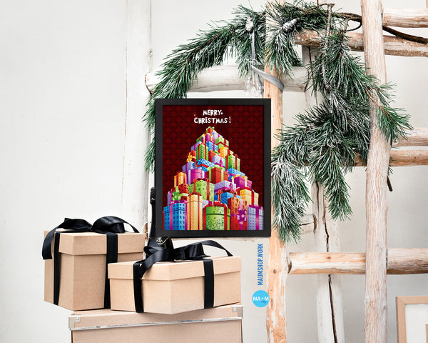 Christmas Gift Boxes-Red Holiday Season Gifts Wood Framed Print Home Decor Wall Art