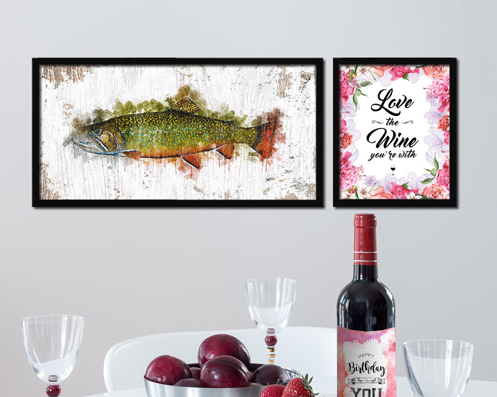 Brook Trout Fish Art Wood Frame Shabby Chic Restaurant Sushi Wall Decor Gifts, 10" x 20"