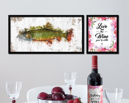 Brook Trout Fish Art Wood Frame Shabby Chic Restaurant Sushi Wall Decor Gifts, 10" x 20"