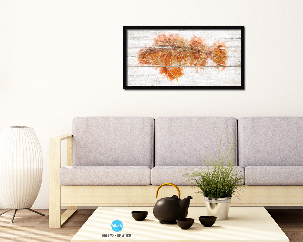 Scorpion Fish Art Wood Framed White Wash Restaurant Sushi Wall Decor Gifts, 10" x 20"
