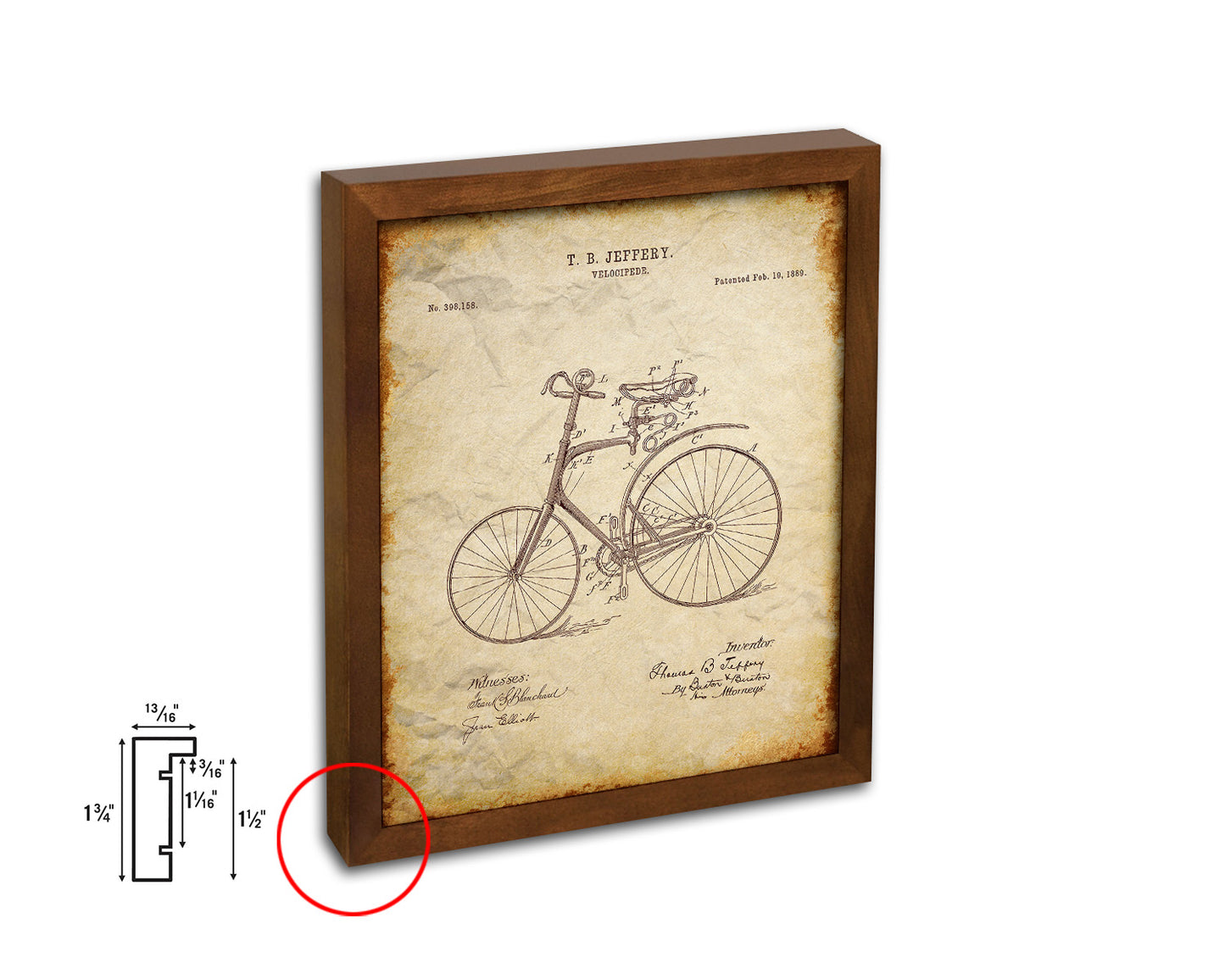 Velocipede Bicycle Vintage Patent Artwork Walnut Frame Print Wall Art Decor Gifts