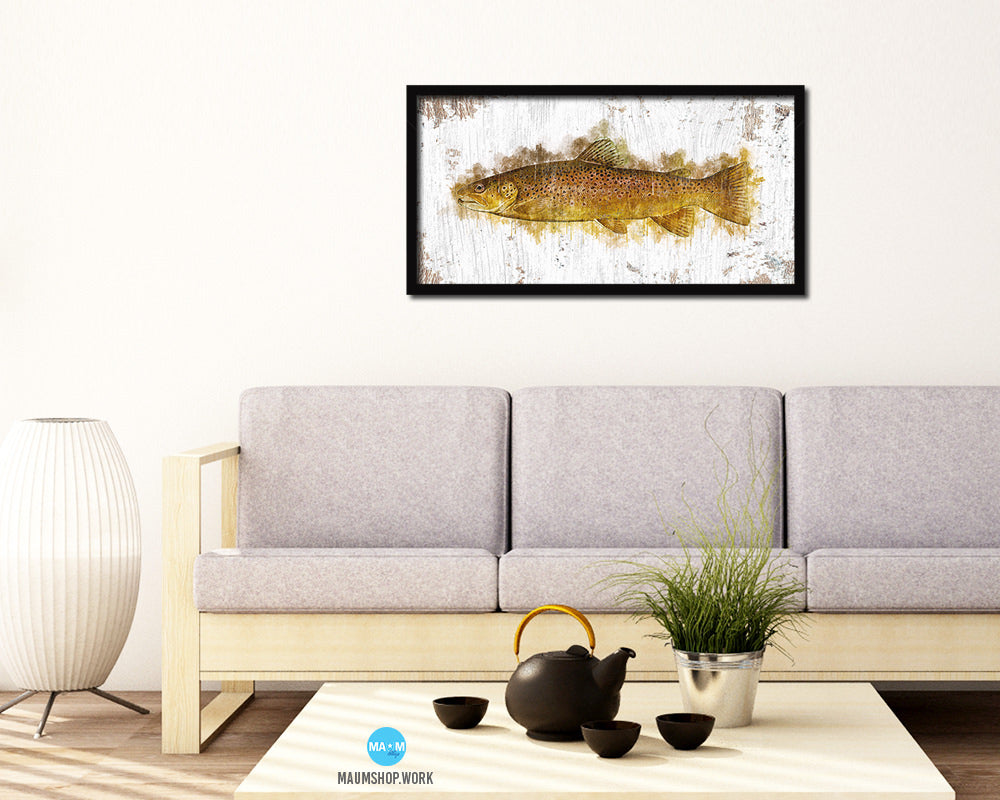Brown Trout Fish Art Wood Frame Shabby Chic Restaurant Sushi Wall Decor Gifts, 10" x 20"