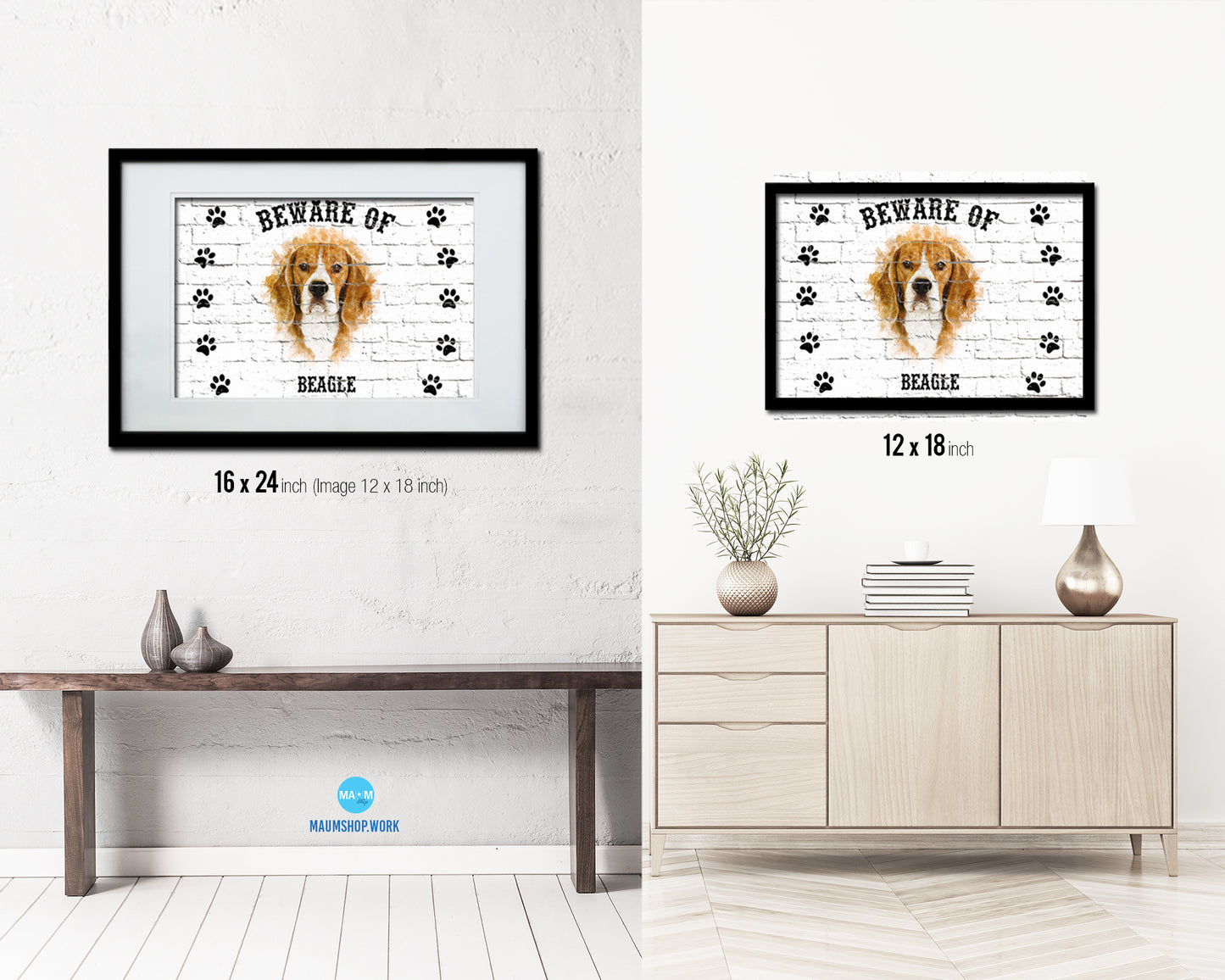 Beware of Beagle Sign Wood Framed Print Wall Art Decor Gifts