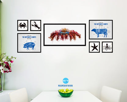 Crab Fish Art Wood Frame Modern Restaurant Sushi Wall Decor Gifts, 10" x 20"
