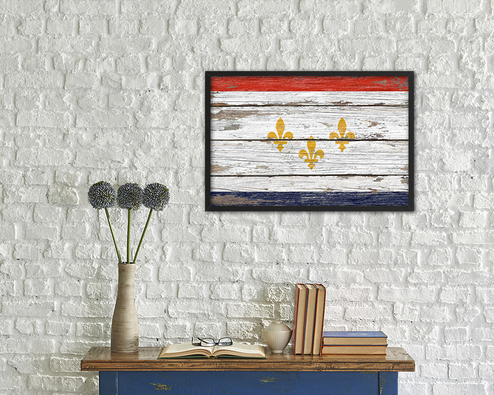 New Orleans City Louisiana State Rustic Flag Wood Framed Paper Prints Decor Wall Art Gifts