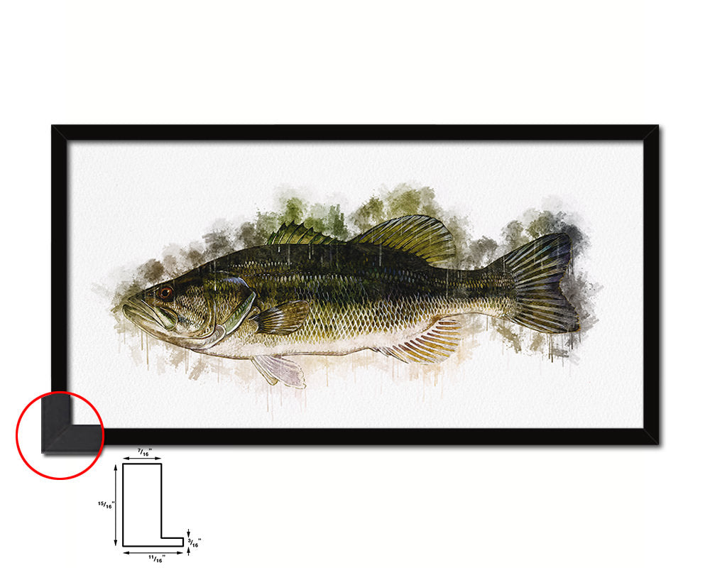 Largemouth Bass Fish Art Wood Frame Modern Restaurant Sushi Wall Decor Gifts, 10" x 20"