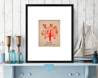 Merry Christmas Tree Holiday Season Gifts Wood Framed Print Home Decor Wall Art