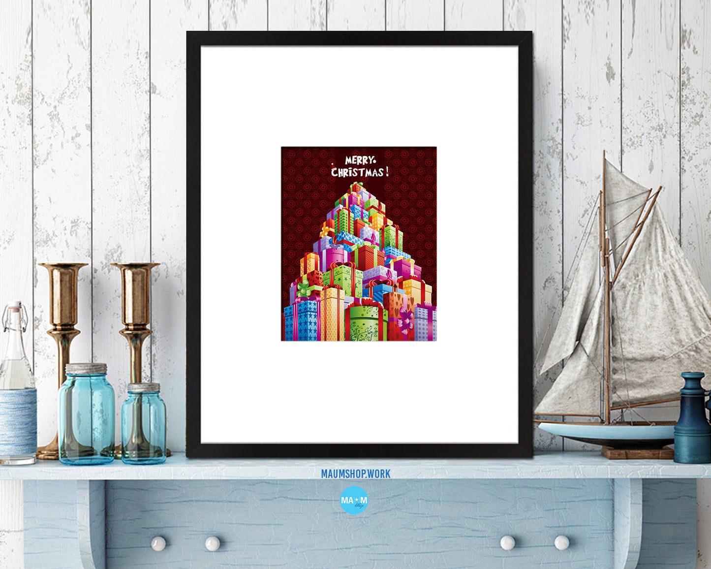 Christmas Gift Boxes-Red Holiday Season Gifts Wood Framed Print Home Decor Wall Art