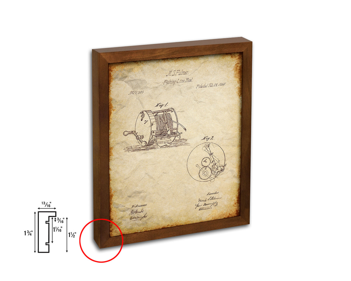 Line Reel Fishing Vintage Patent Artwork Walnut Frame Print Wall Art Decor Gifts