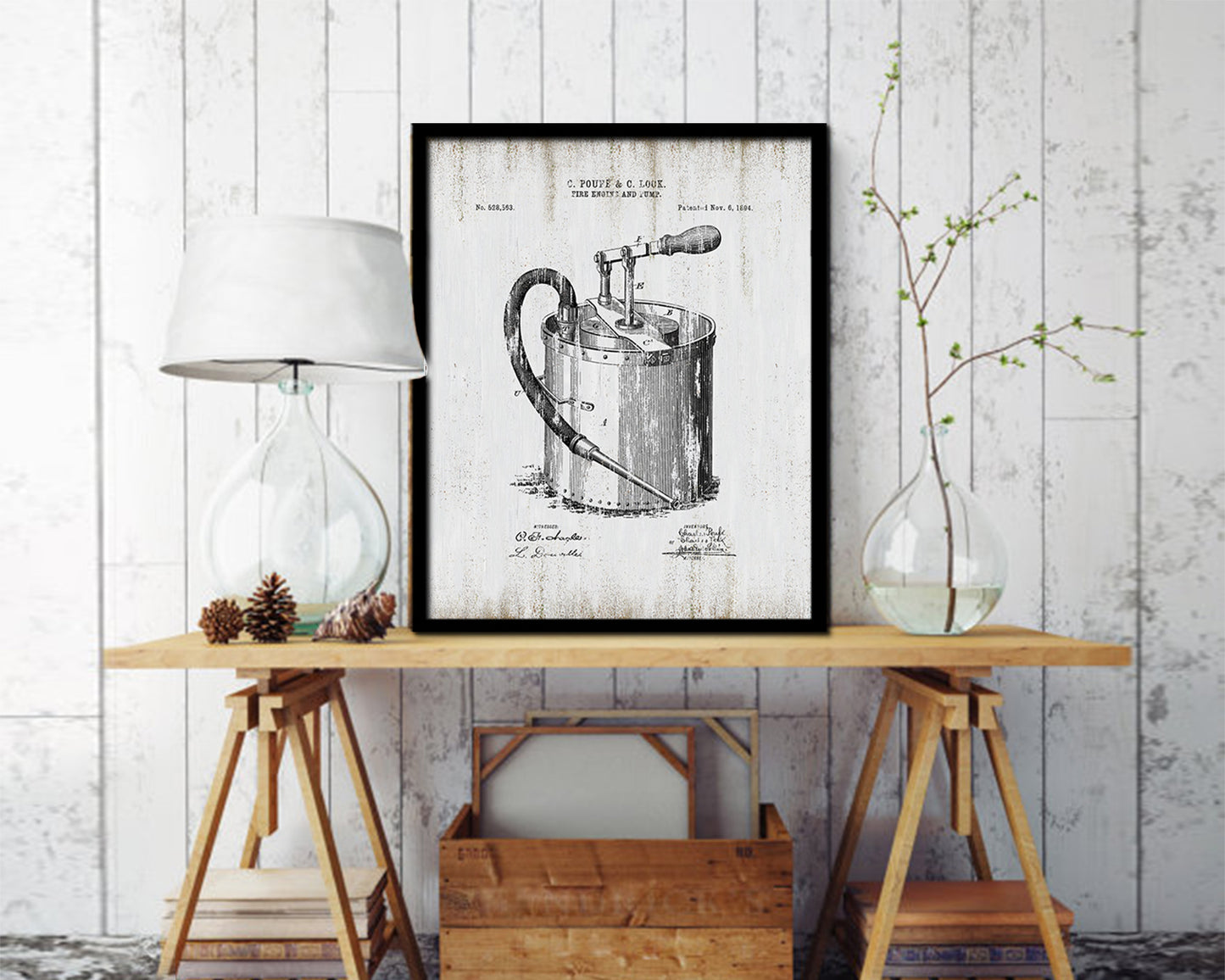 Fire Engine and Pump Firefighter Vintage Patent Artwork Black Frame Print Gifts