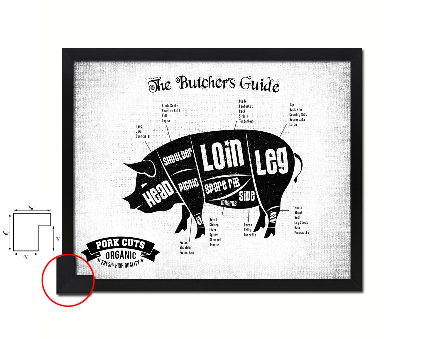 Pork Meat Pig Cuts Butchers Chart Wood Framed Paper Print Home Decor Wall Art Gifts
