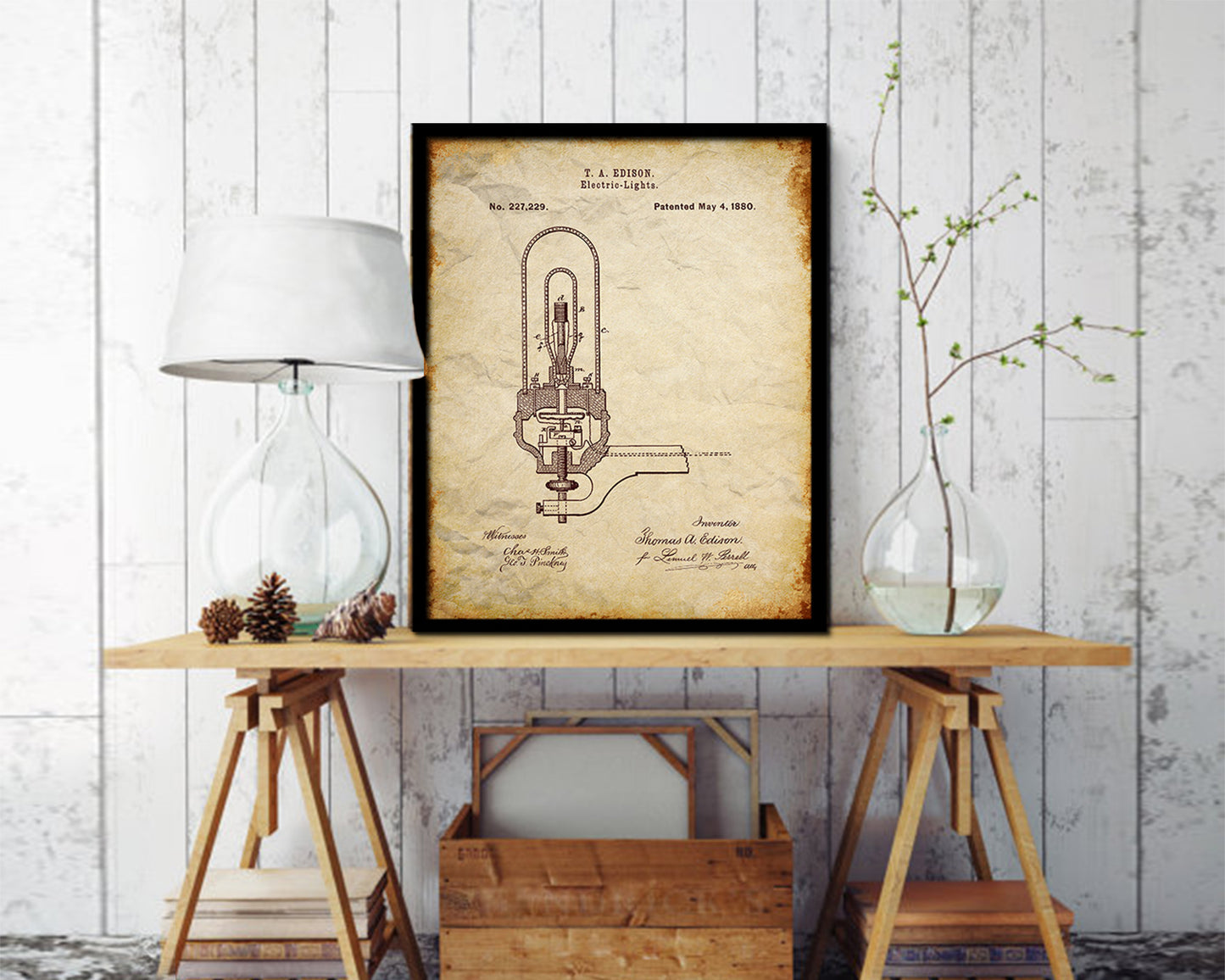 Electric Lights Edison Vintage Patent Artwork Walnut Frame Print Wall Art Decor Gifts