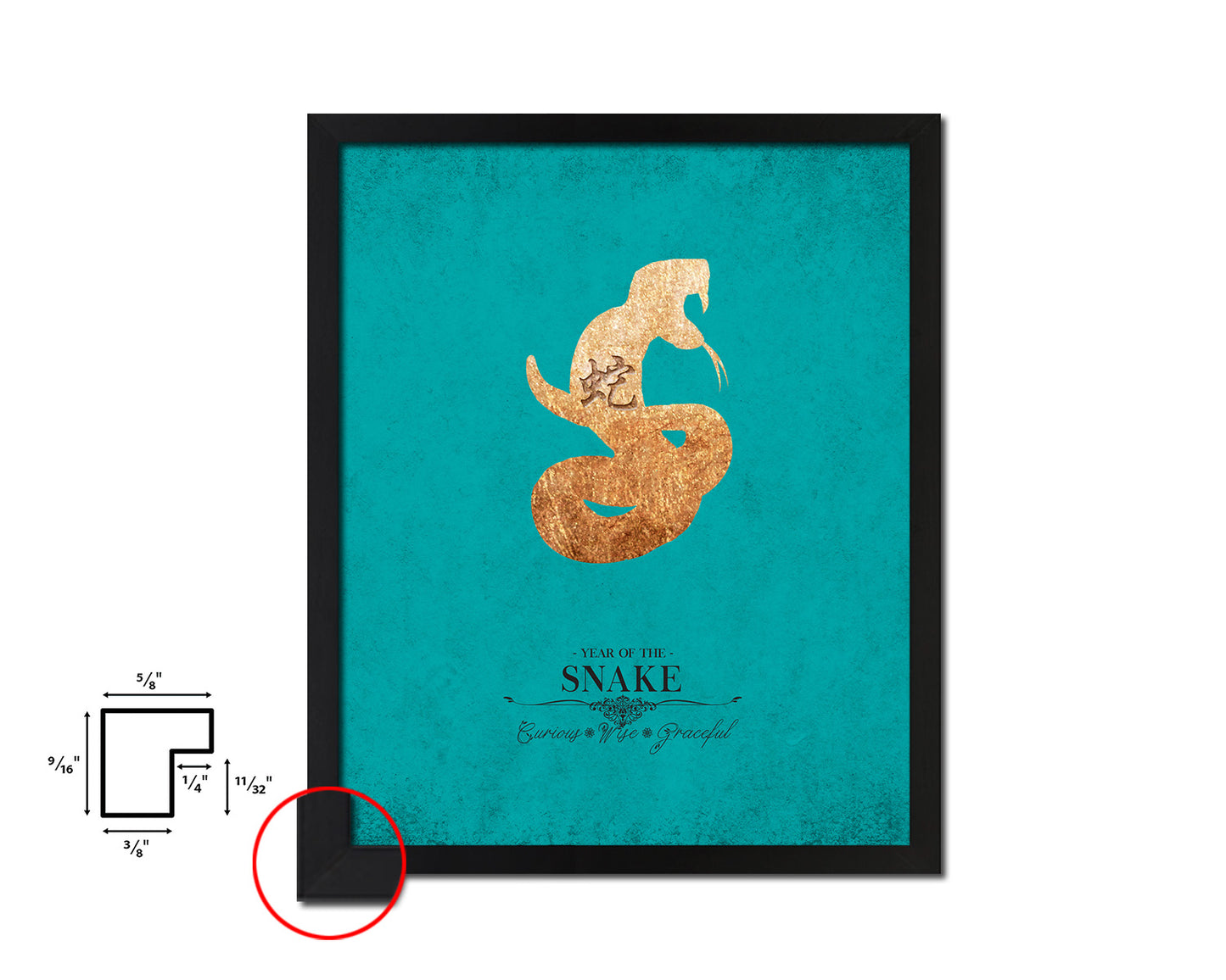 Snake Chinese Zodiac Character Black Framed Art Paper Print Wall Art Decor Gifts, Aqua