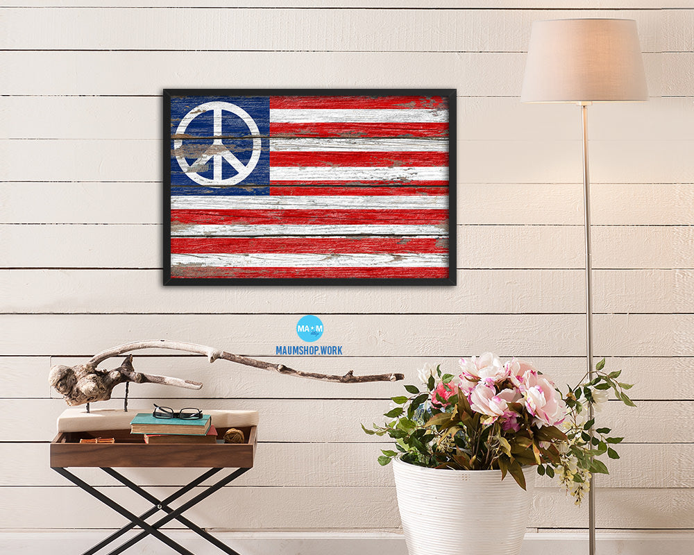 Peace Sign American Wood Rustic Flag Wood Framed Print Wall Art Decor Gifts
