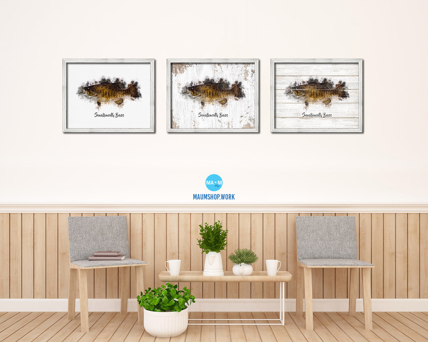 Smallmouth Bass Fish Framed Prints Modern Restaurant Sushi Bar Watercolor Wall Art Decor