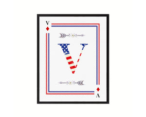 Letter V Custom Monogram Decks Diamond American Flag Framed Print Wall Art Decor Gifts