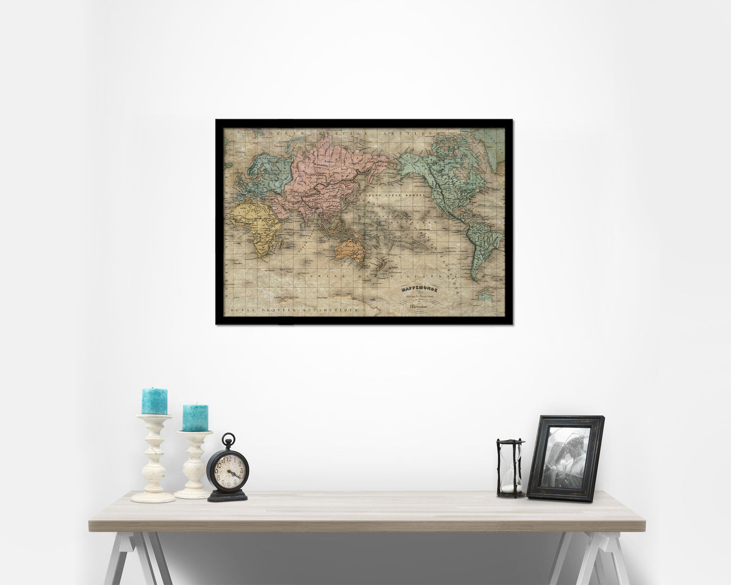 World Western and Eastern Hemispheres 1800 Historical Map Framed Print Art Wall Decor Gifts