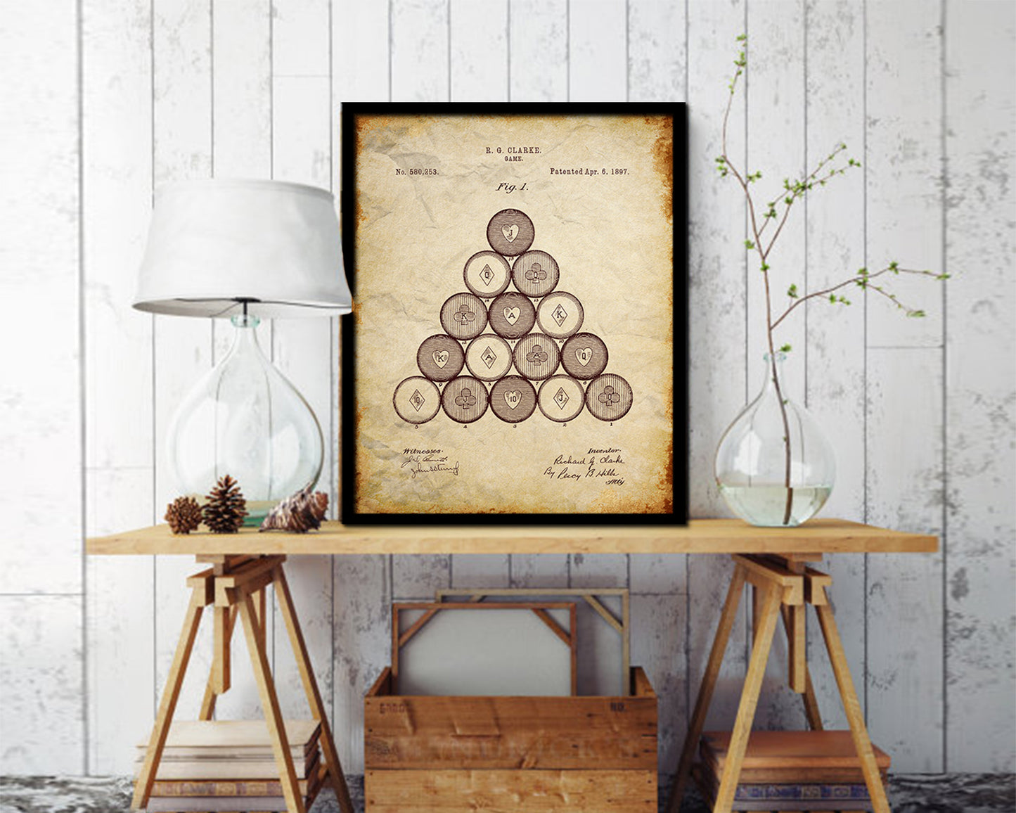 Billiard Pool Poker Game Playing Card Vintage Patent Artwork Walnut Frame Gifts