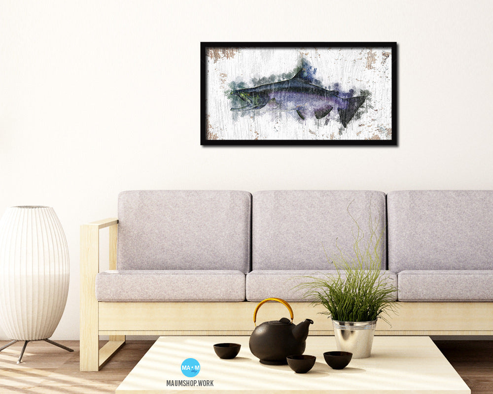King Salmon Fish Art Wood Frame Shabby Chic Restaurant Sushi Wall Decor Gifts, 10" x 20"