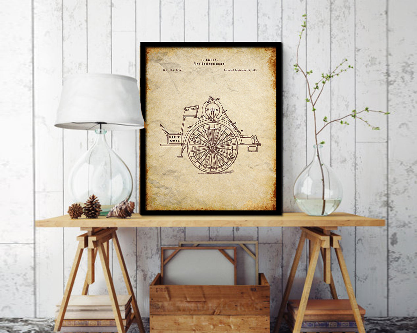 Fire Extinguishers Firefighter Vintage Patent Artwork Walnut Frame Gifts