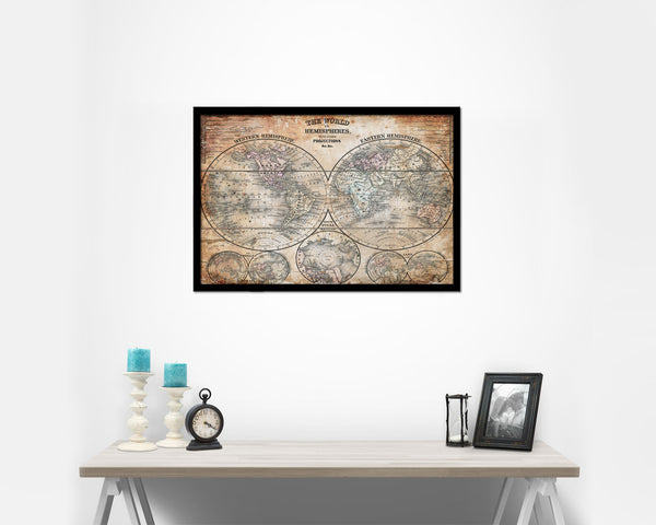 World Hemispheres 1870 Antique Map Framed Print Art Wall Decor Gifts