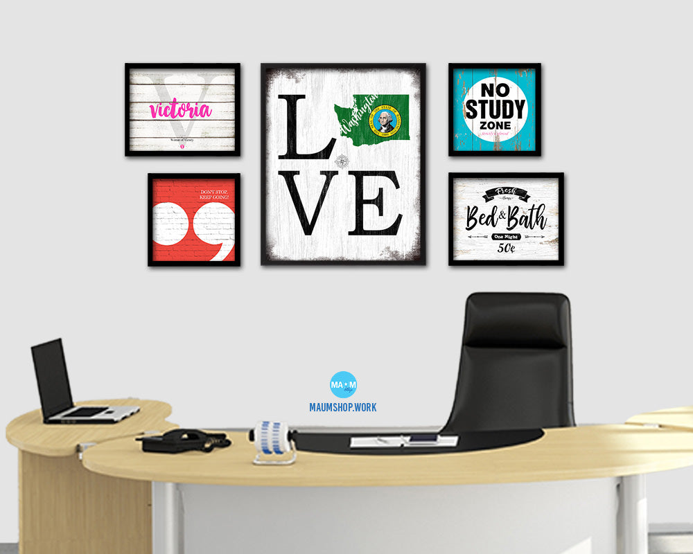 Washington Shabby Chic Love Sign Wood Framed Paper Print Decor Wall Art Gifts