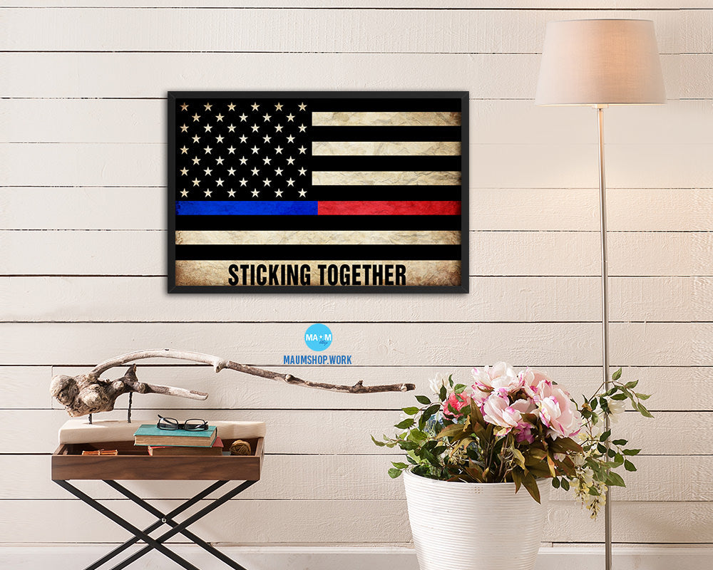 Thin Blue Line Police & Thin Red Line Firefighter Respect, Sticking Together Vintage Military Flag Art
