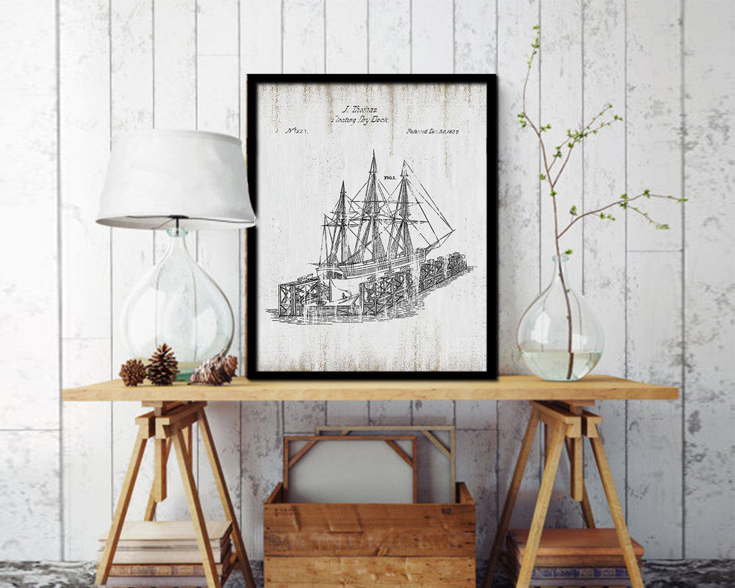 Floating Dock Nautical Vintage Patent Artwork Black Frame Print Gifts