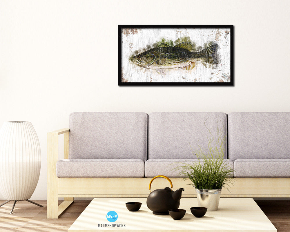 Largemouth Bass Fish Art Wood Frame Shabby Chic Restaurant Sushi Wall Decor Gifts, 10" x 20"