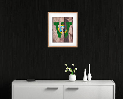 Washington State Initial Flag Wood Framed Paper Print Decor Wall Art Gifts, Wood
