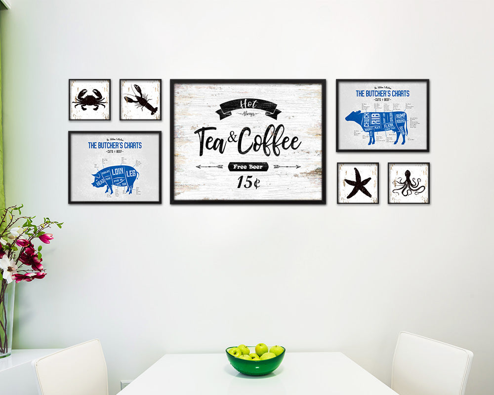 Hot Tea & Coffee Vintage Sign Fine Art Paper Prints Wood Frame Wall Art Decor Gifts