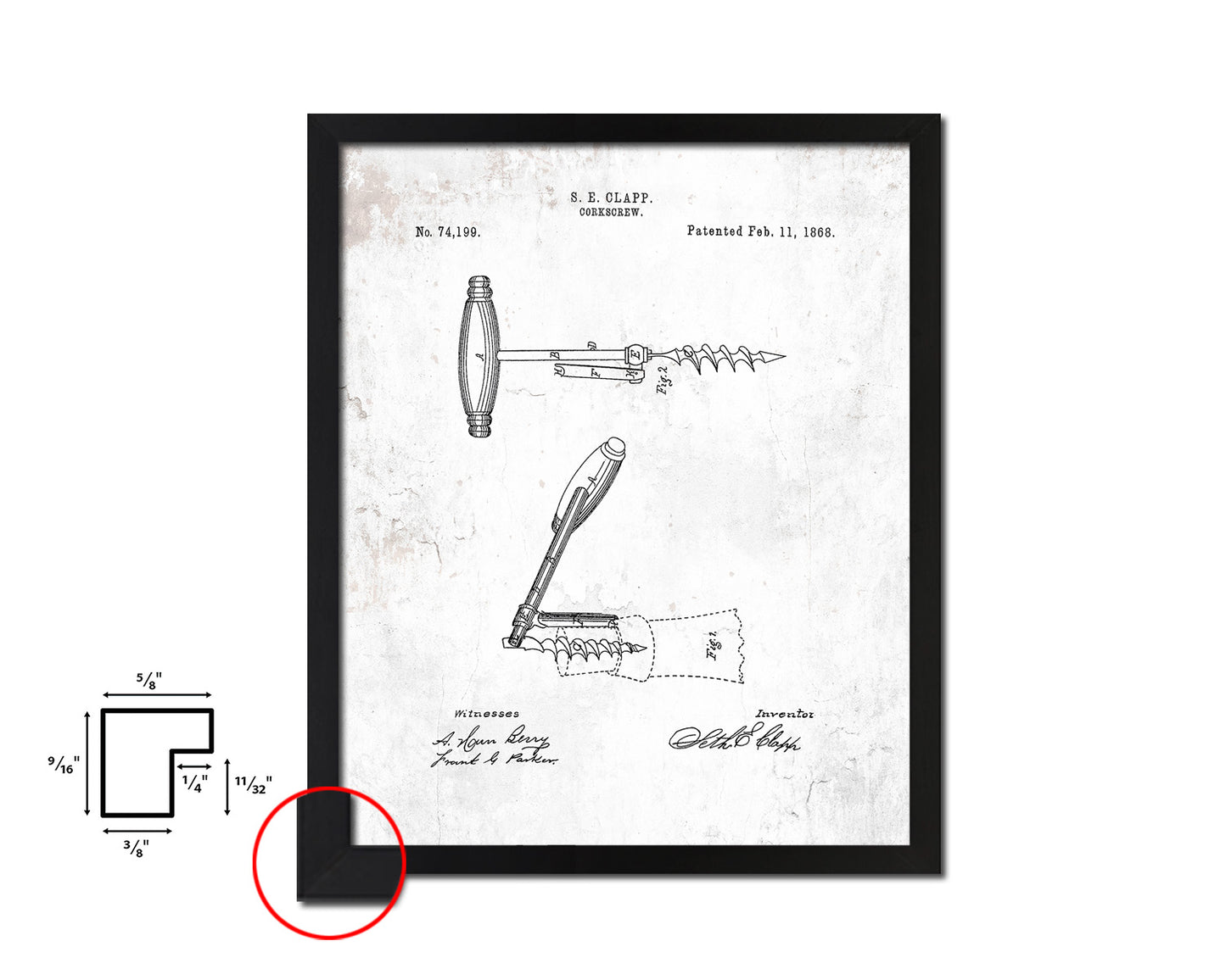 Corkscrew Wine Vintage Patent Artwork Black Frame Print Gifts