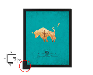 Ox Chinese Zodiac Character Black Framed Art Paper Print Wall Art Decor Gifts, Aqua