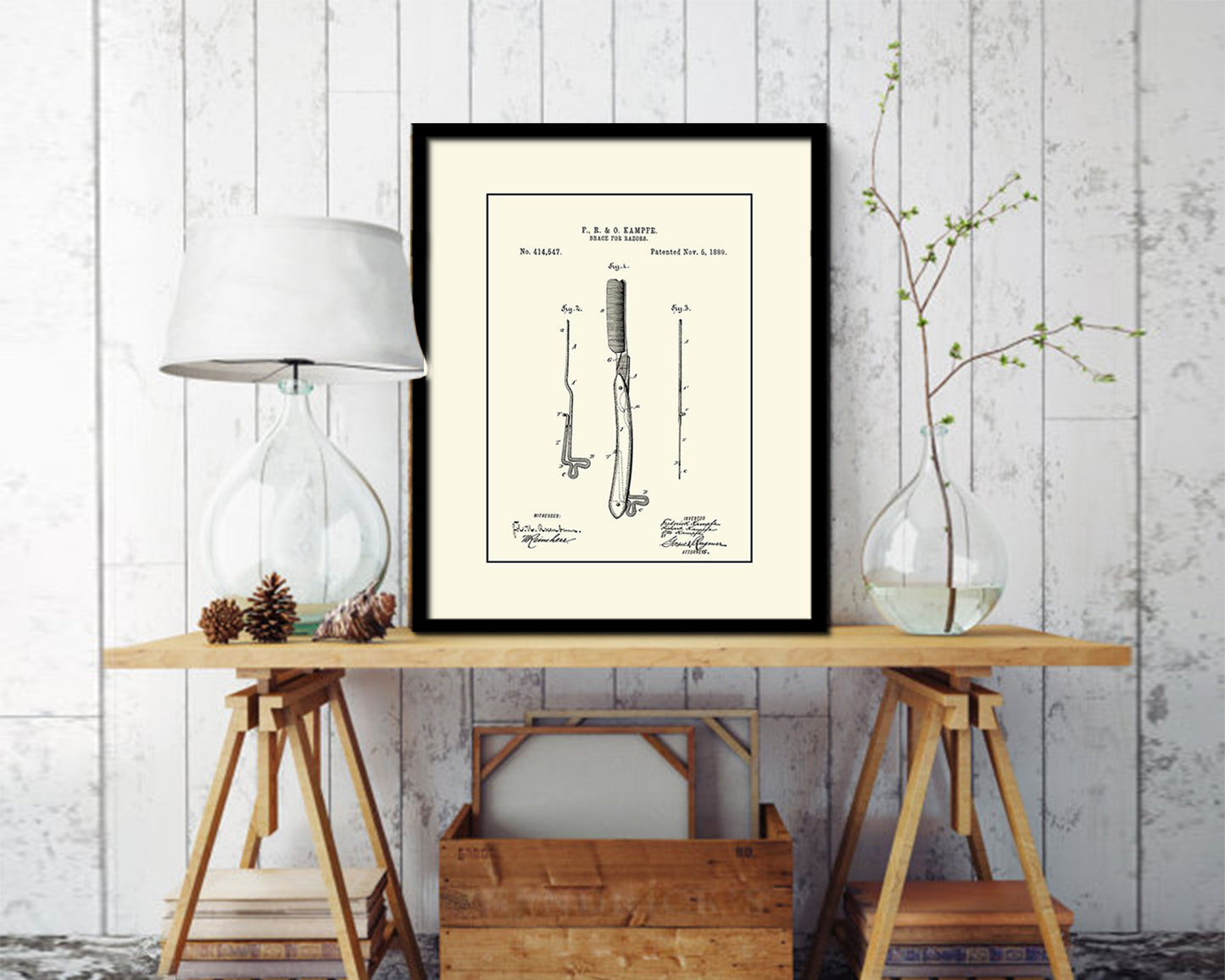 Razor Brace Barbershop Vintage Patent Artwork Black Frame Print Wall Art Decor Gifts