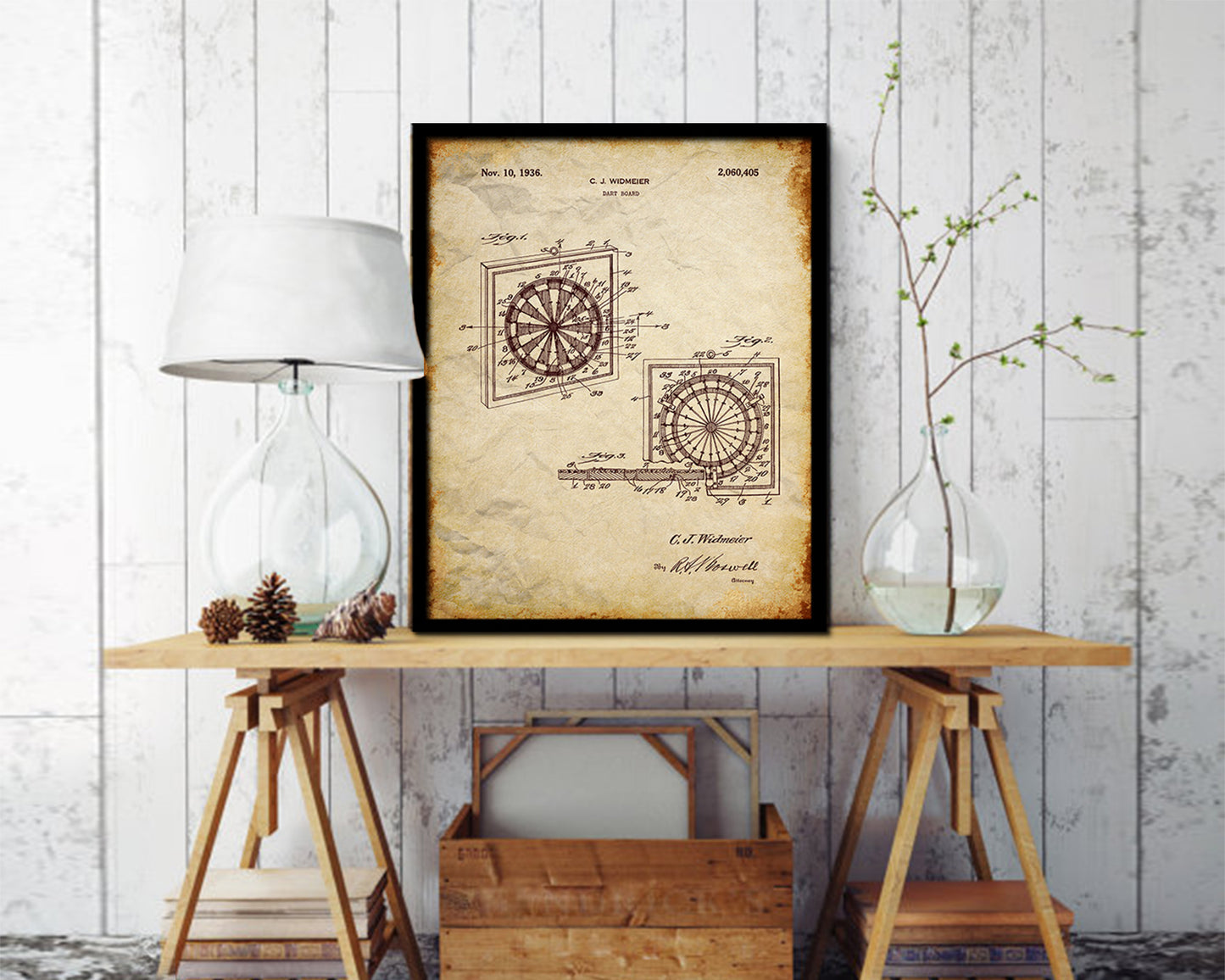 Dart Board Sports Vintage Patent Artwork Walnut Frame Gifts